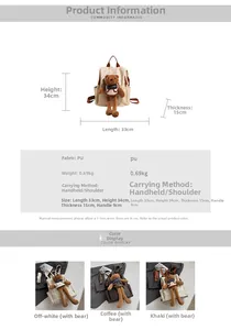 Detailed size and specs diagram of vintage printed PU leather backpack with bear charm