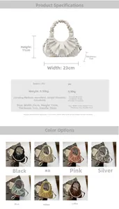 Detailed size specifications and color options for the pleated cloud bag with dimensions