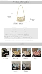 Detail view of small pleated cloud bag showing 23x13x8cm dimensions and pearl chain