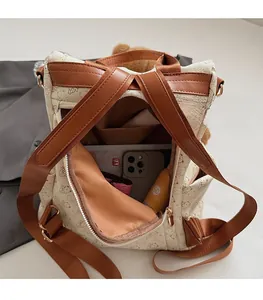 Detail view of large capacity backpack with cartoon bear pattern and spacious interior