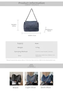 Size chart showing denim shoulder bag dimensions 31x23x12cm with color options