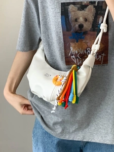 Fashion PU Leather Crescent Shoulder Bag With Colorful Charms Knot Strap Solid Color Hobo Bag For Women Daily Casual Handbag