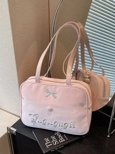 Pink JK style bow shoulder bag with Gugiigugii embroidery and long straps
