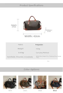 Detail of multi-functional travel bag with leather handles and full color options