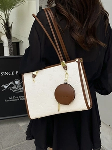 Large Capacity Women Tote Bag Embossed Floral Letter Pattern Shoulder Bag PU Leather Crossbody Bag With Mini Round Purse
