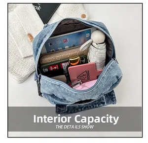 Spacious interior of blue denim handbag showing storage for tablet and umbrella
