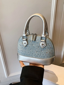 Sac Bandoulière Coquille en Denim Strass Design de Niche pour Femmes Sac à Main Rivet Polyvalent Sac à Épaule Élégant en Cuir PU