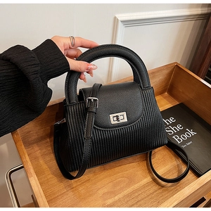 Detail of black litchi texture handbag with metallic twist lock and pleated side panel