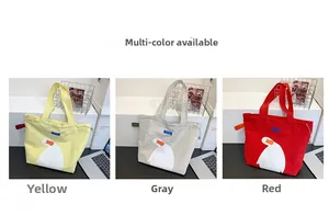 Detailed comparison of yellow, grey, and red canvas tote bags with cartoon duck prints