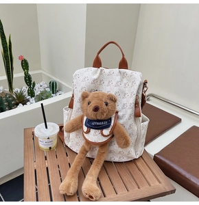 Detailed view of white backpack featuring brown bear prints and a 3D plush bear ornament
