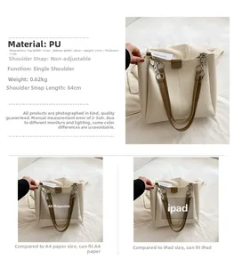 Detail showing dimensions and capacity of the cream white PU tote bag with brown straps