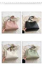 Minimalist tote bag collection in pink, black, white, and green with chain straps