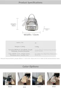 Mini PU leather backpack detail showing dimensions and elegant lace bow decoration