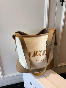 Women Casual Canvas Patchwork Bucket Bag Large Capacity Letter Print Shoulder Crossbody Bag For Commuting Travel School
