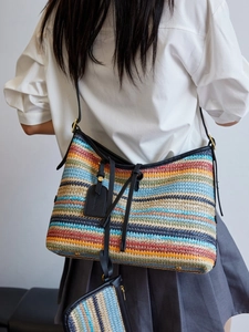 Sac Fourre-tout en Paille Tissée à Rayures Bohème Avec Pochette Assortie Sac à Bandoulière Décontracté pour Plage de Vacances Été Grande Capacité