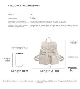 Detailed size guide for bow drawstring PU backpack with dimension and weight specifications