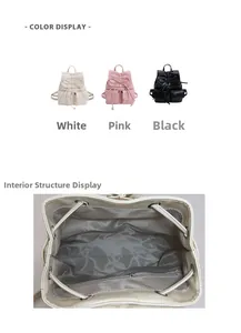 Detail view of the drawstring interior compartment and multiple color options for the backpack