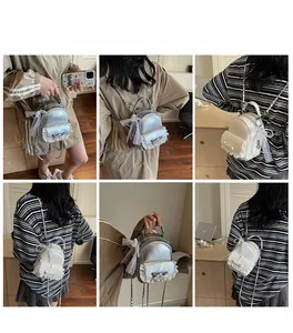 Detailed views of mini fashion backpack featuring lace bow and pearl chain straps