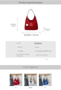 Guide des tailles avec dimensions 33x36x11cm et détails du tissu pour le sac cabas
