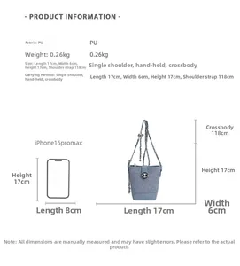 Size chart showing light blue bucket bag dimensions 17x6x17cm with phone size comparison