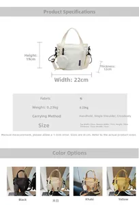 Detailed size chart for canvas bucket bag showing 22cm width and various color options
