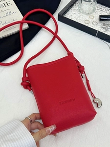 Mini Sac Bandoulière pour Femmes en Cuir PU Sac de Téléphone Couleur Unie Simple Avec Bandoulière à Nœud et Pendentif en Métal