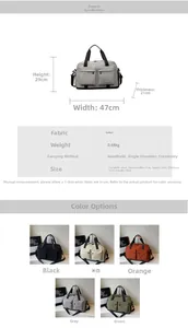 Detailed size specifications and five available colors for the travel sports duffel bag