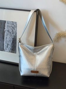 Women Minimalist PU Leather Bucket Bag Metallic Silver Cream White Shoulder Crossbody Bag Pleated Stitching Handbag
