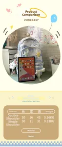 Size chart showing nylon tie-dye backpack and shoulder bag dimensions with iPad for scale