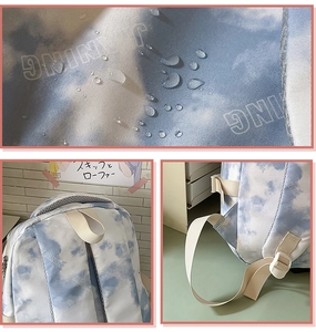 Close-up of waterproof tie-dye fabric with water drops and large capacity school bag details