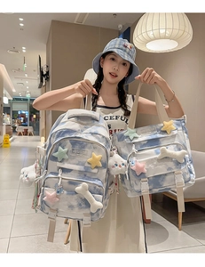 Detail of blue tie-dye backpack set with cute plush charms and star accessories