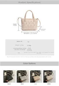 Detailed technical specification and size chart for the quilted rivet bucket handbag