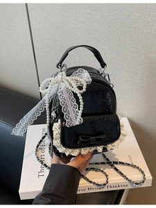 Mini Sac à Dos Mode Femme en Cuir PU Bordure Dentelle Nœud Petit Sac Bandoulière Charme Künstliche Perle Chaîne pour Voyage Quotidien Doux