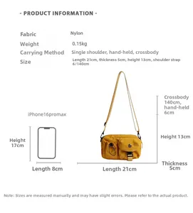 Detailed size chart for nylon crossbody bag showing 21x5x13cm dimensions and weight
