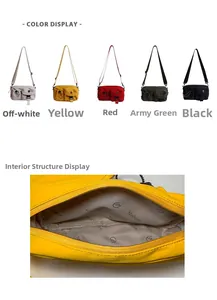 Detailed multi-pocket crossbody bag showing five available colors and interior storage space