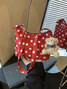 Vintage Polka Dot Hobo Schultertasche Für Damen Kleine Stoff Unterarmtasche Mit Abnehmbarem Plüschbär Anhänger Alltag Reisen