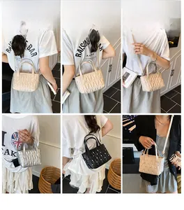 Quilted bucket bag with pearl details shown in multiple styles on a model