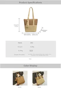 Detailed dimensions and color comparison of the handmade woven straw tote bag