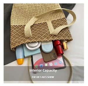 Detail showing the large interior capacity of this hollow woven straw beach tote bag