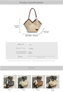 Detailed size chart and multi-color specifications for hollow out PU leather tote bag
