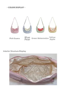 Detail of colorful fruit-themed crossbody bags with quilted lining and inner zip pocket