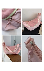 Detail shots of pink watermelon crossbody bag featuring cat paw zipper and guava embroidery