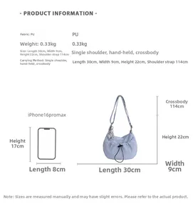 Detailed size chart of the light blue PU shoulder bag with phone size comparison