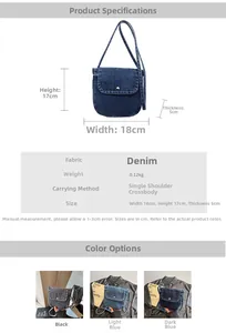 Detailed size specifications for small denim crossbody bag showing dimensions 18x17x5cm