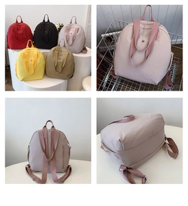 Detail view of colorful puffy backpacks featuring multiple colors and hidden back pocket