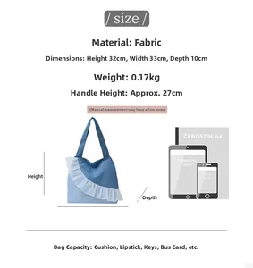 Size chart for blue denim tote bag with white lace trim showing 32x33x10cm dimensions