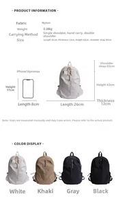 Detail view of large capacity nylon backpack showing dimensions and lightweight 0.38kg build