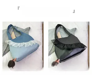 Detailed comparison of denim and black tote bags with ruffled lace trim and large capacity