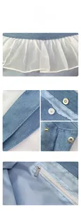 Detail of light blue denim tote with white lace trim, magnetic buckle and inner zipper