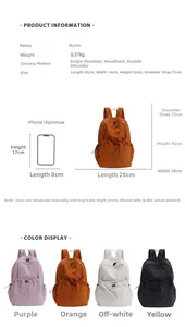 Detailed size chart of nylon backpack with iPhone 16 Pro Max comparison and color options